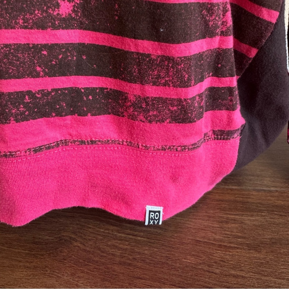 Roxy Pink Brown Striped Long Sleeve Y2K Skater Surf Girl Graphic Tee Casual Top - Picture 7 of 11